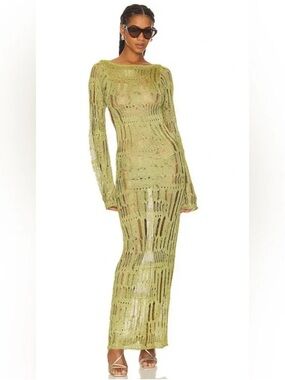 Sheer Olive Green Long Sleeve Knit Maxi Dress